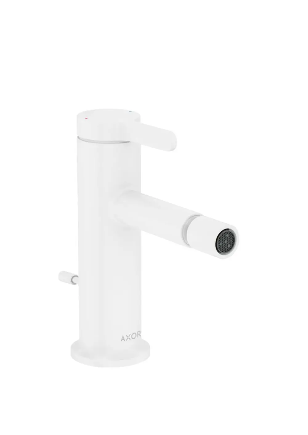 Weißer Einhebelmischer für Bidet von AXOR mit seitlichem Hebel und Zugstangen-Ablaufgarnitur, geeignet für moderne Badezimmer.